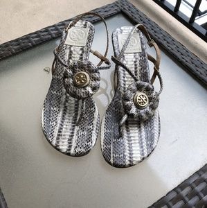 Tory Burch Gray Snake-Print Flower Thong Sandals